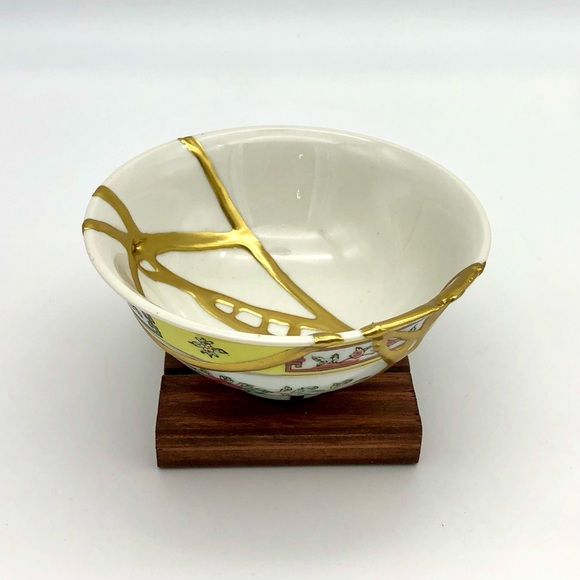 Kintsugi Bowl Chinese Jingdezen Floral Gold Crack Japanese Personal Growth Gift - Picture 7 of 17